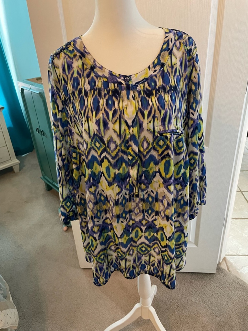 NYDJ Vibrant Ikat-Print Blouse in Blue, Yellow & Green
